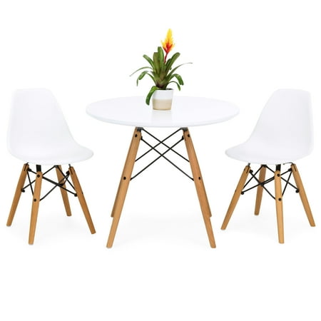 Round Table & Chair Sets Best Choice Products Kids Mid-Century Modern Eames Style Dining Room Round Table Set with 2 Armless Wood Leg Chairs, White ()