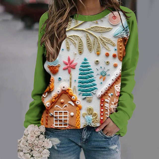 Offres de Liquidation! Aqestyerly Haut de Noël Grande Taille Blouse à Manches Longues Imprimée de Noël pour Femmes Col Rond Tunique Décontractée