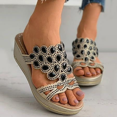

CAICJ98 Womens Shoes Womens Sandals Shoes Comfort Walking with Non Slip on Casual Summer Beach Shoes Dress Ankle Elastic Jeweled Bohemian Flats Black