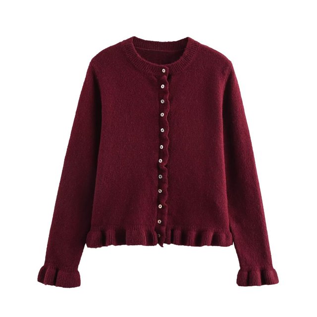 ManxiVoo Veste en Tricot à Garniture Superposée pour Femme, Bordure Décorative, Cardigan Décontracté, Manteau Confortable, Haut, Taille M, Bourgogne