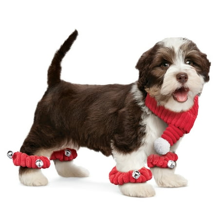 Scarf Dog Clothing - Festive Red Dog Scarf and Scrunchies Set with Bells - Set of 5, Winter Pet Accessories