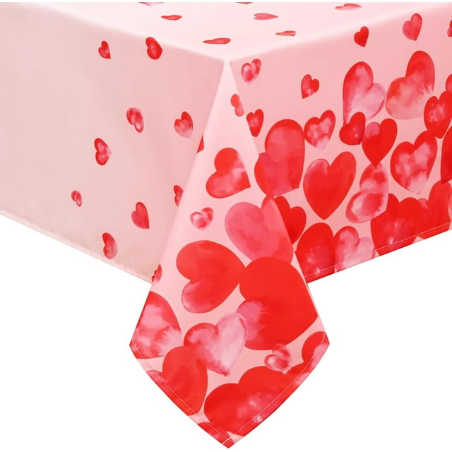 shiyou-Valentine's Tablecloth Square 55x55 Inch, Falling Love Heart Table Cloth, Pink Red Heart Tablecloths, Waterproof Spillproof Tablecloth for Valentines Wedding Dinner Party Decoration