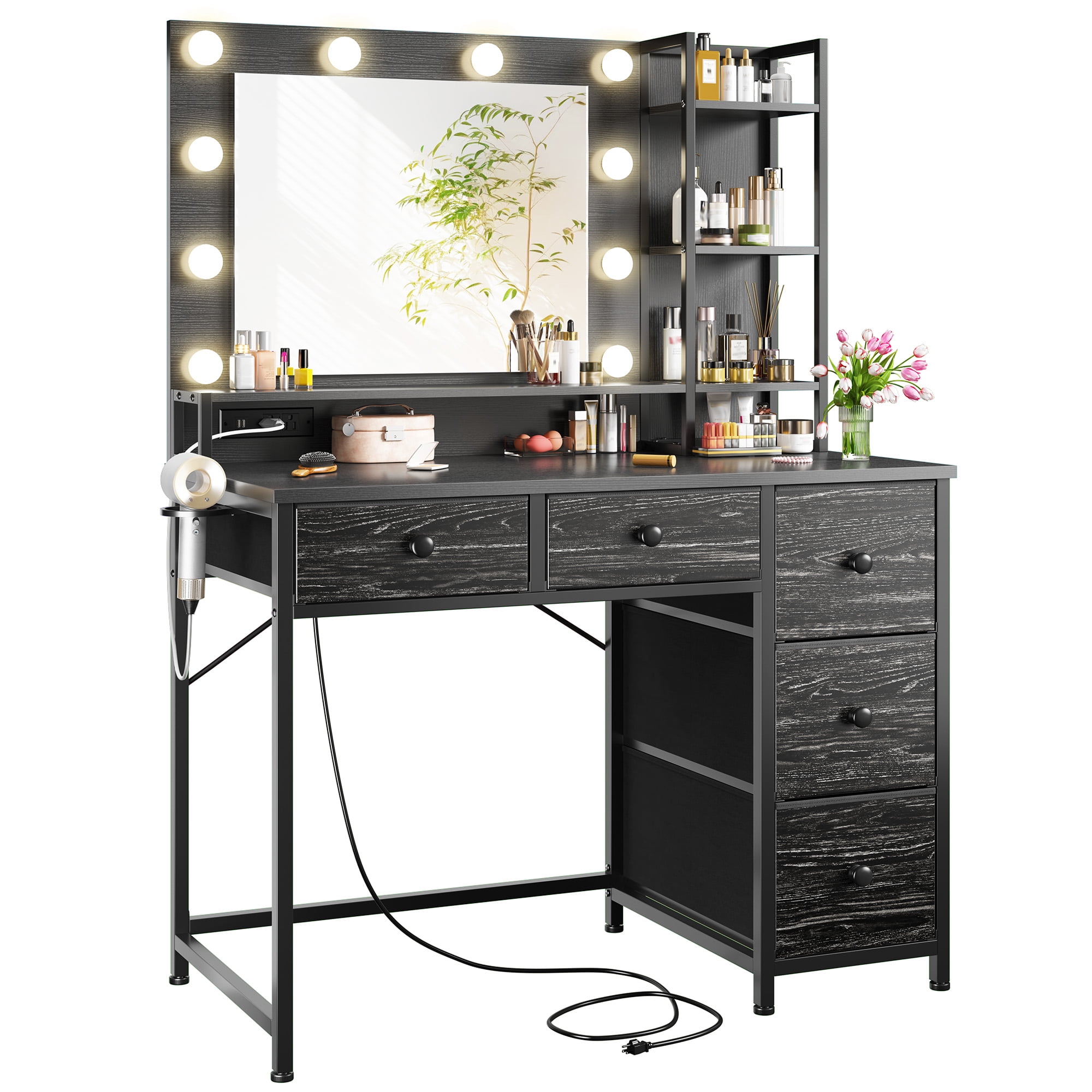 Black Vanity with Mirror and Lights Makeup Vanity Desk with 5 Fabric Drawers Dressing Table with Storage Drawers for Bedroom