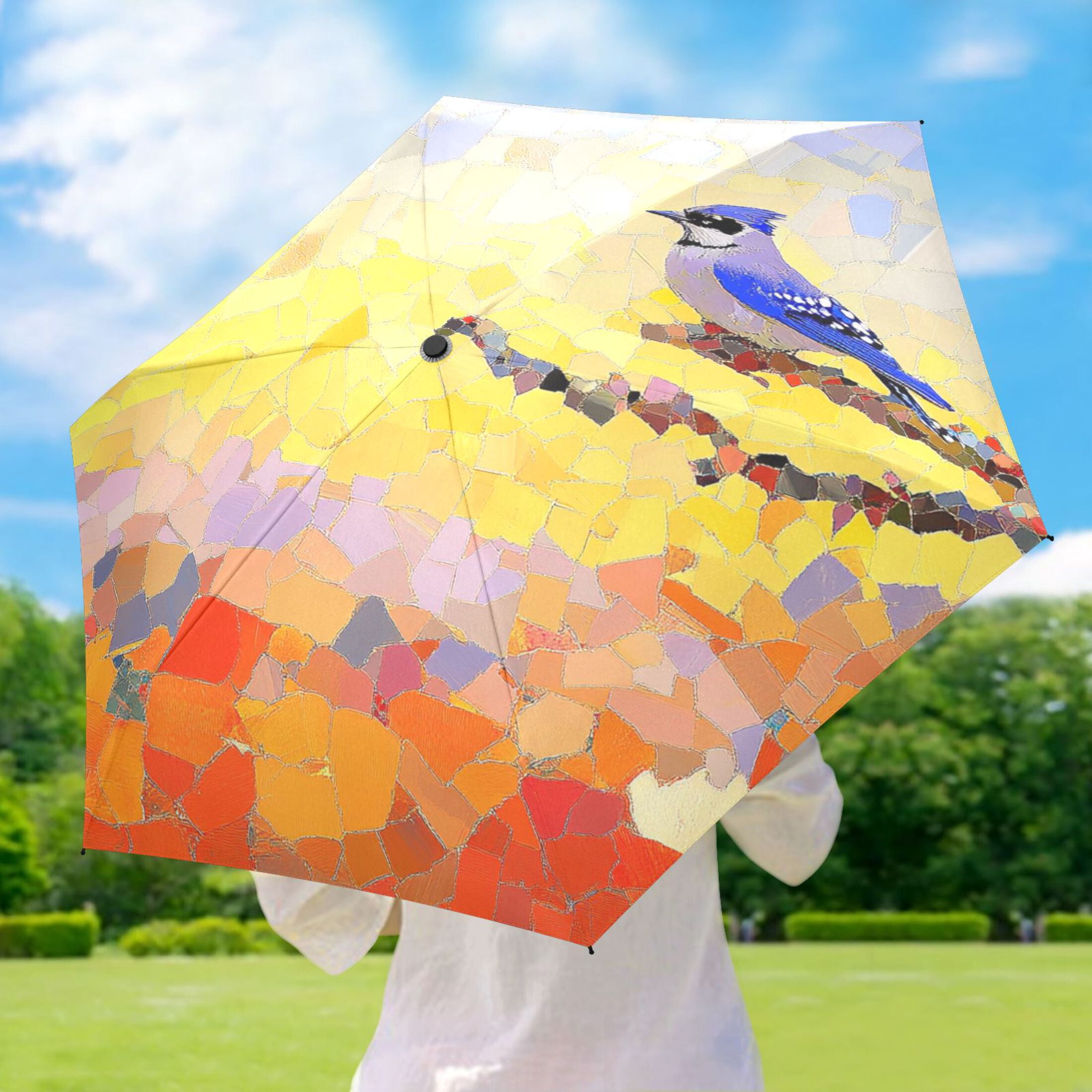 Mosaic Blue Jay Umbrellas for Sun Auto Open Close UV50+ Waterproof 5-Fold Compact Fiberglass Frame