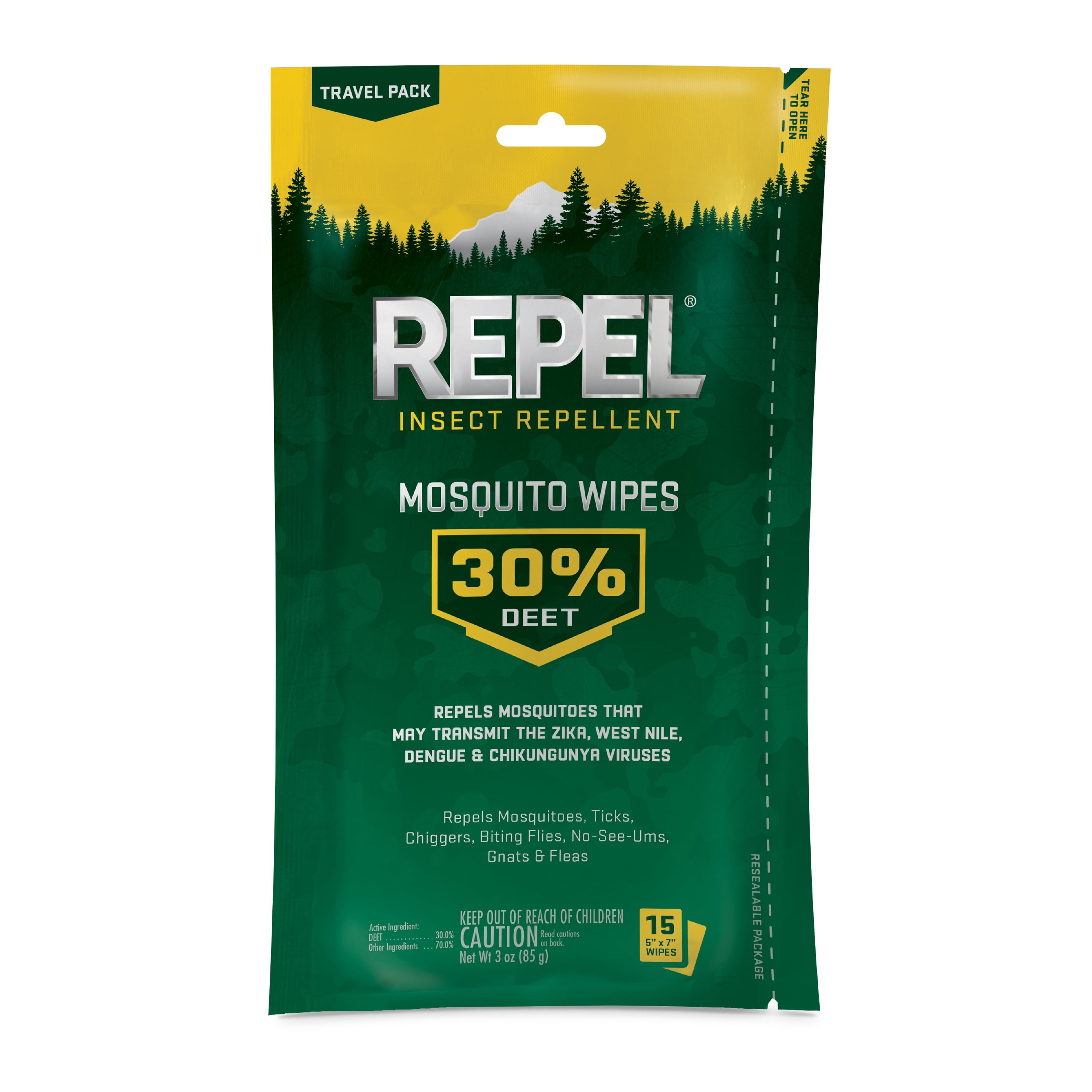 Repel Insect Repellent Mosquito Wipes 30% DEET Unscented 15-Count Ticks 2-Pack 