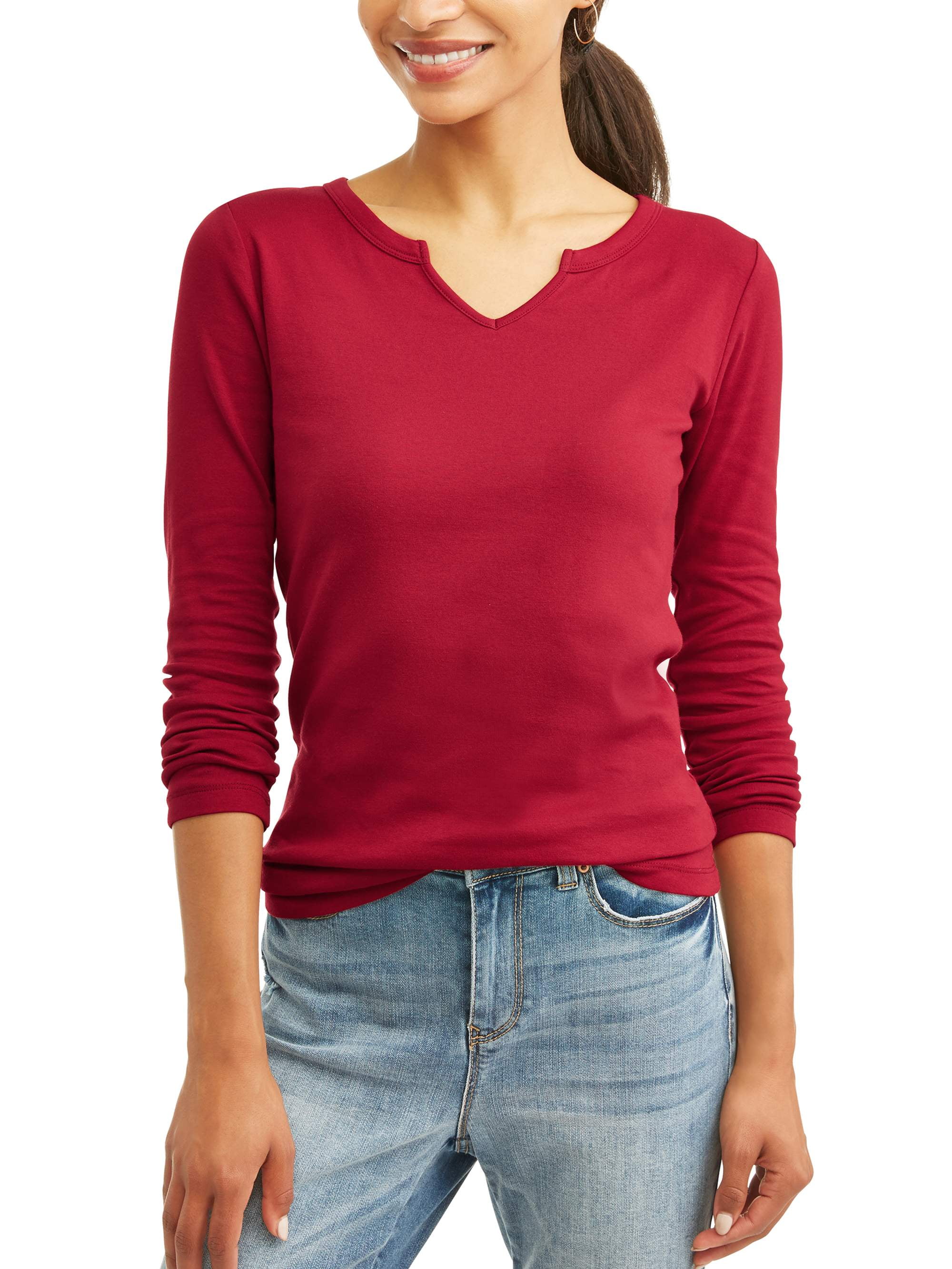 Women's Long Sleeve Notch Neck T-Shirt - Walmart.com