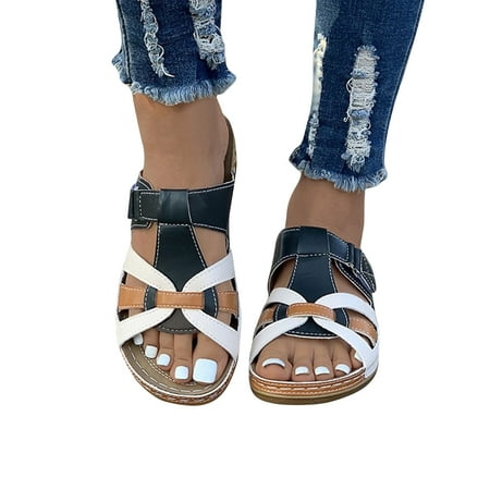 

Orthopedic Sandals Women Wide Fit Ladies Hollow Out Bohemia Slippers Summer Beach Wedges Shoes Leather Orthotic Sliders Open Toe Slippers Slides Lightweight Retro Roman Walking Sandals