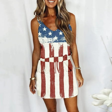 Women Summer Dresses Spaghetti Strap Sleeveless American Flag Patriotic Dress 4th Of July Fashion V Neck Mini Sundress