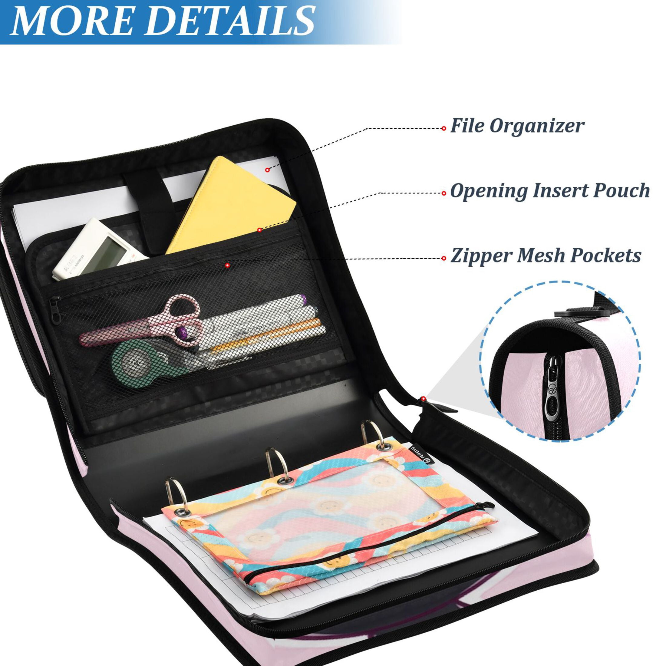 3 Ring Zipper Binder with Shoulder Strap Waterproof Trapper Keeper 2 Inch D-Ring 500 Sheets Capacity Lovely Cat Wear Bow Tie