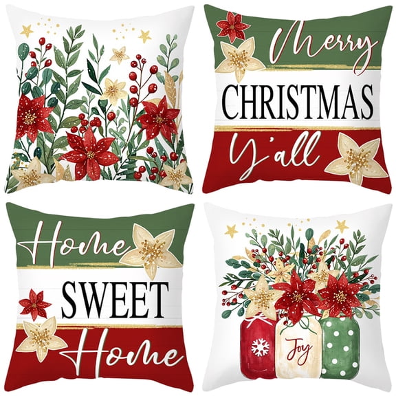 Lomyolo Merry Christmas Throw Pillow Covers Set of 4, 18x18 Inch Red Holiday Cushion Cases with Reindeer & Tree Print, Soft Xmas Decorations for Couch, Sofa, Winter Home Decor Gift