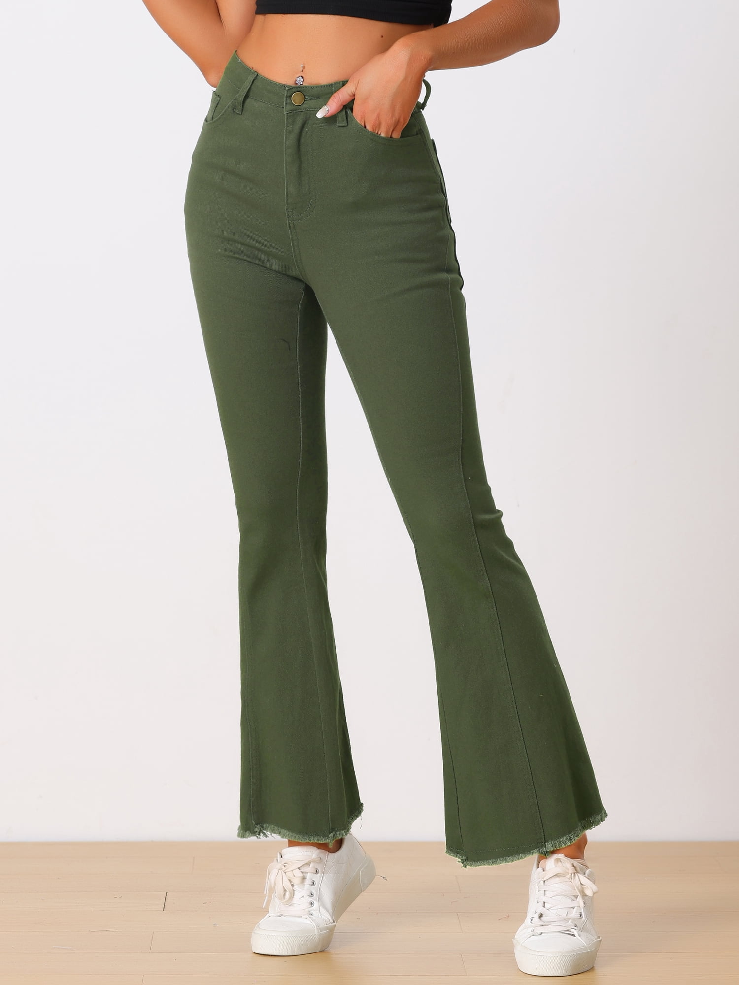 DARING DIVA Women's Flare Denim Pants High Waist Stretch Bell Bottoms Jeans S Army Green