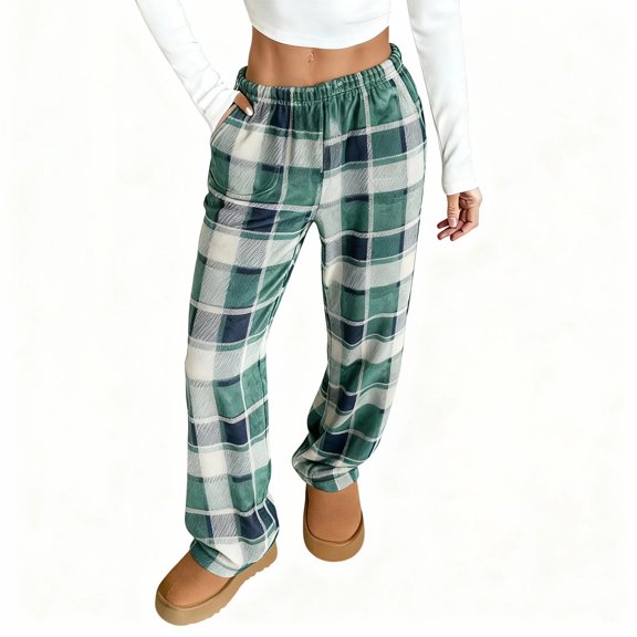 Wutalume Women's Plush Sleep Pajama Pants with Soft Elastic Waist, Checkered Pattern, and Two Pockets for Cozy Nightwear and Home Lounging,Dark Green L