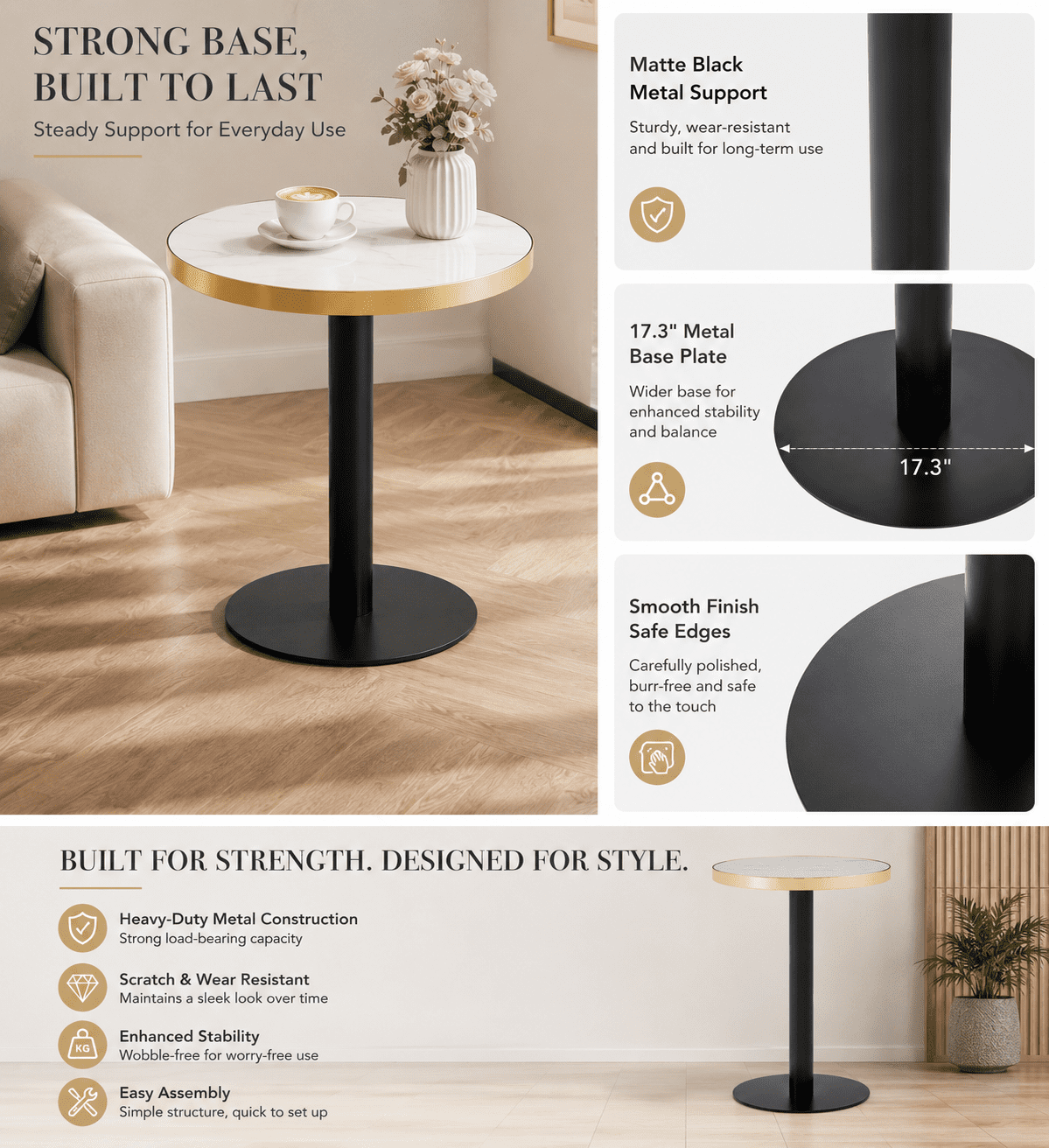 23.6" Round Light Luxury Coffee Table, UV Paint MDF Marble Texture Countertop with Stainless Steel Edging, Sturdy Metal Leg Side Table for Living Room Bedroom Entryway Office