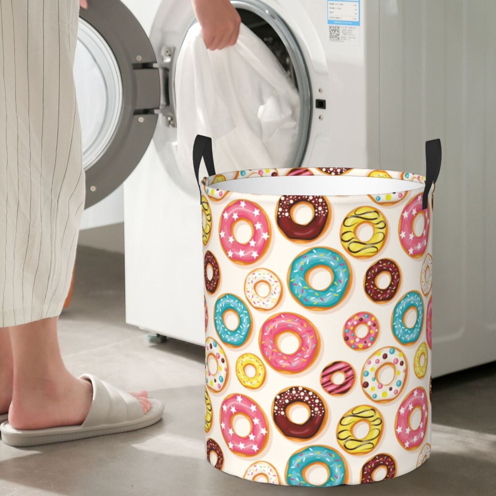 Large Laundry Basket with Handles - Donut Print No.9028 Kids Baby Dirty Clothes Laundry Hamper for Bedroom Aesthetic