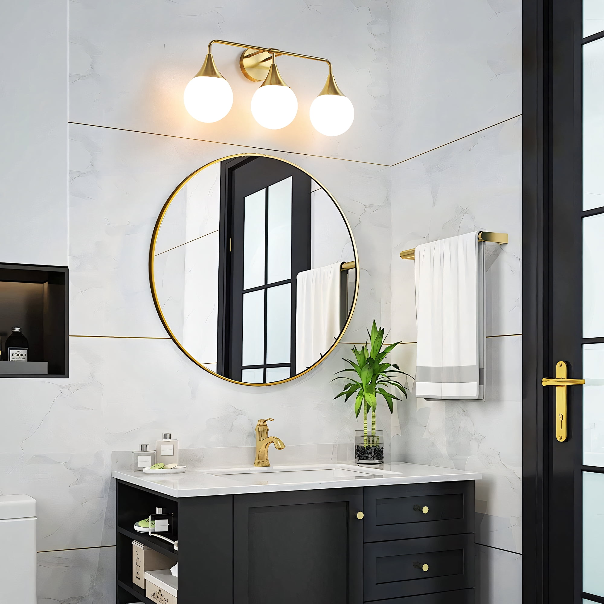 Bathroom Vanity Light 3 Lights Bathroom Lighting Fixtures Over Brushed Gold Wall Sconces with Frosted Globe Glass for Hallway Restroom