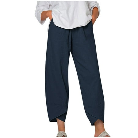 

Womens Capri Pants for Summer Beach Casual Solid Comfy Elastic Waist Cotton Palazzo Pajama Cropped Harem Pants Trouser