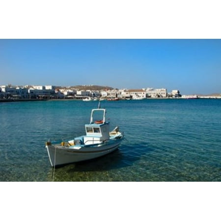 Mykonos Greece Boat off the island with view of the city behind Poster Print by Bill