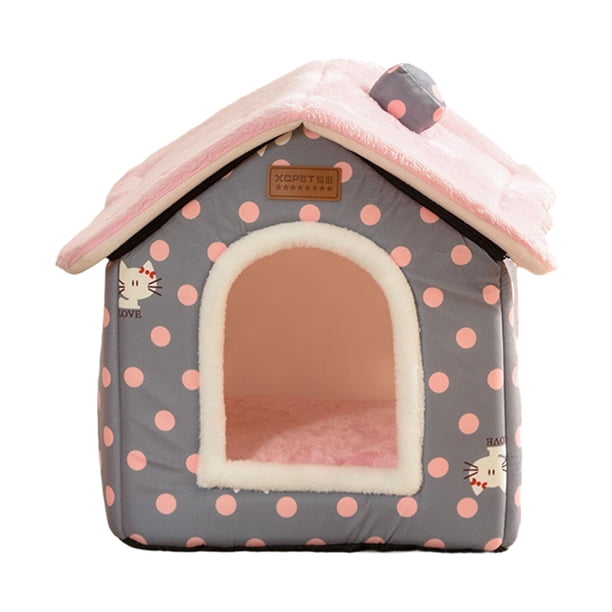 Cama interior semicerrada para gatos, nido para perros y gatos, caseta relajante, casa lavable para gatos, tienda de campaña, cueva para perros pequeñ Puntos rosados