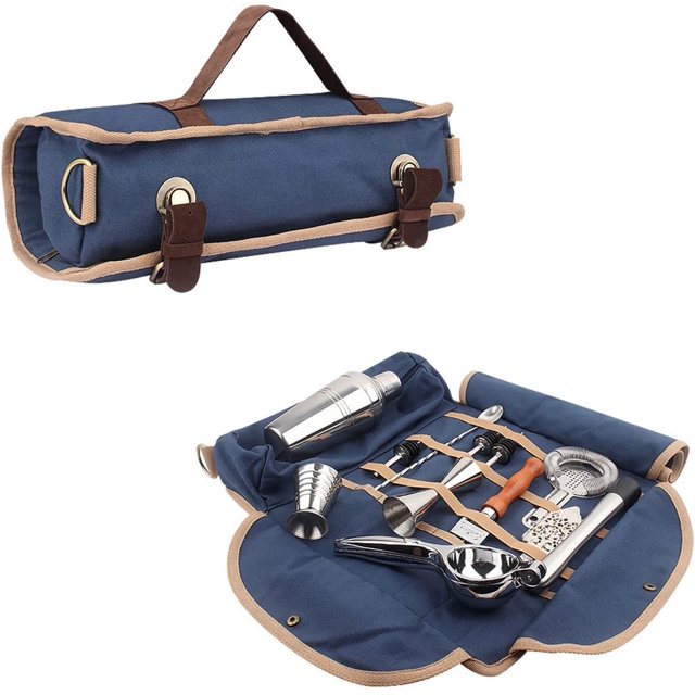 Bolsa de viaje para barman con correa para el hombro, juego de utensilios de bar portátil, bolsa enrollable para almacenamiento, viajes, camping, fiestas de picnic (bolsa vacía) (azul)