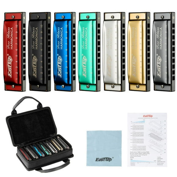 East top Harmonica Set, 7 Keys Diatonic Mouth Organ with Case, A, B, C, D, E, F, G, Professional, Bronze Reed, Polished Finish