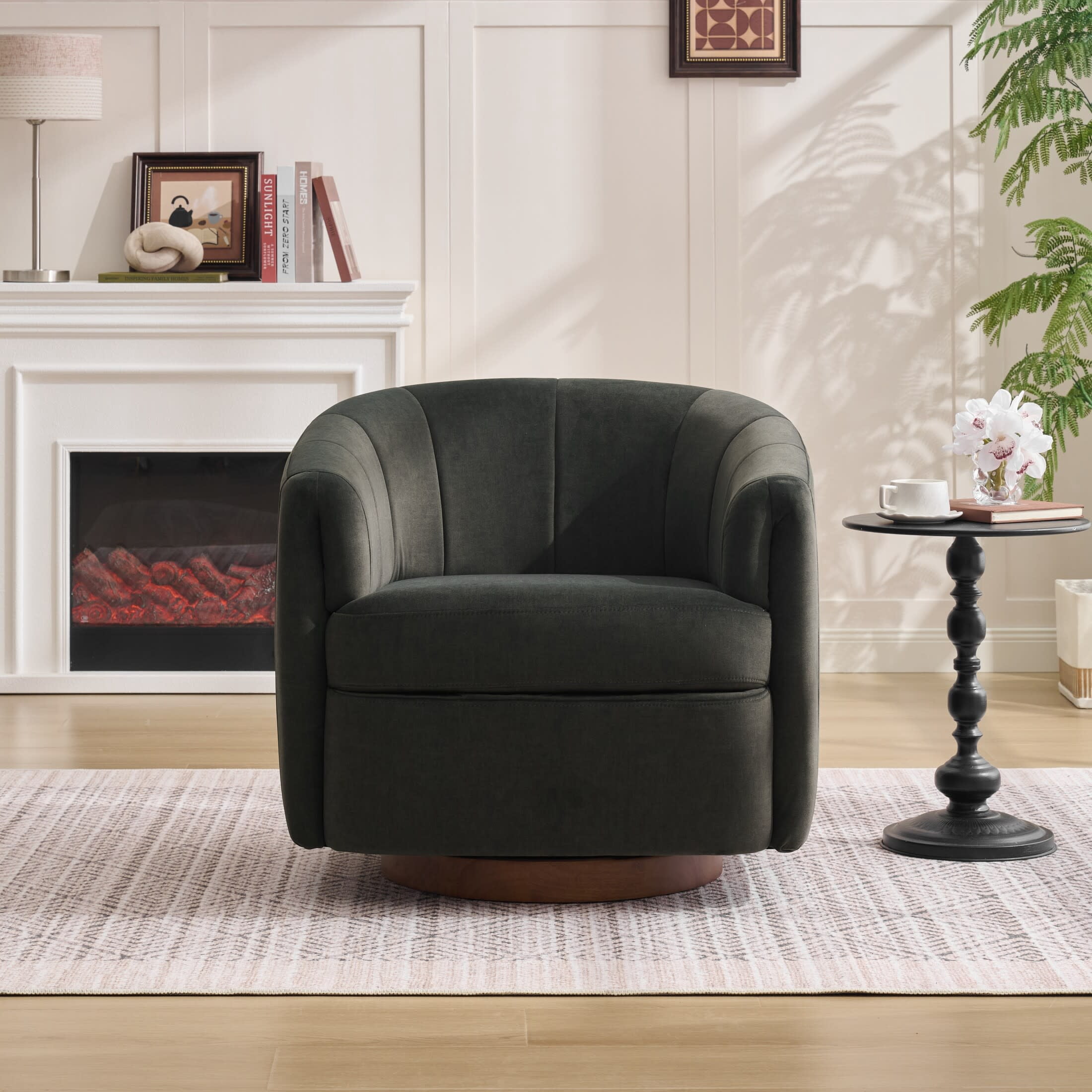 Noble House Swivel Accent Chair with Solid Wood Base, Velvet Upholstered Armchair for Living Room, Gray