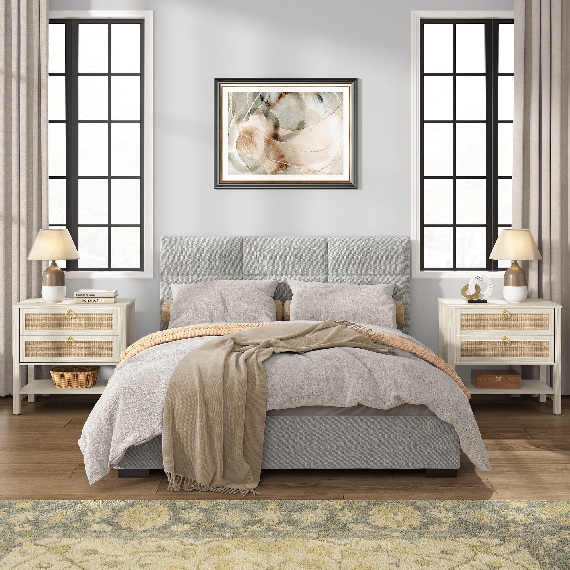 Surmoby 26.7"W Boho Nightstand Set of 2 - Coastal Farmhouse Bedside Tables with 2 Rattan Drawers & Open Shelf, Cream White Finish for Bedroom/Living Room