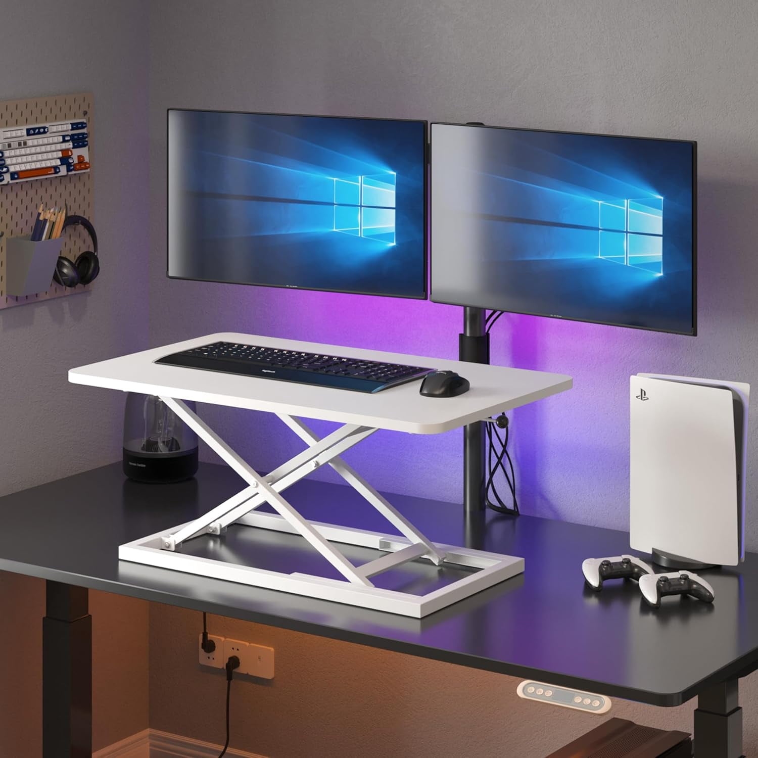 White Small Single 24 inch Scissors Lift Keyboard and Mouse Riser ,Height Adjustable Standing Desk Converter,for Ergonomic Sit Stand Workstations (24 inch WH)