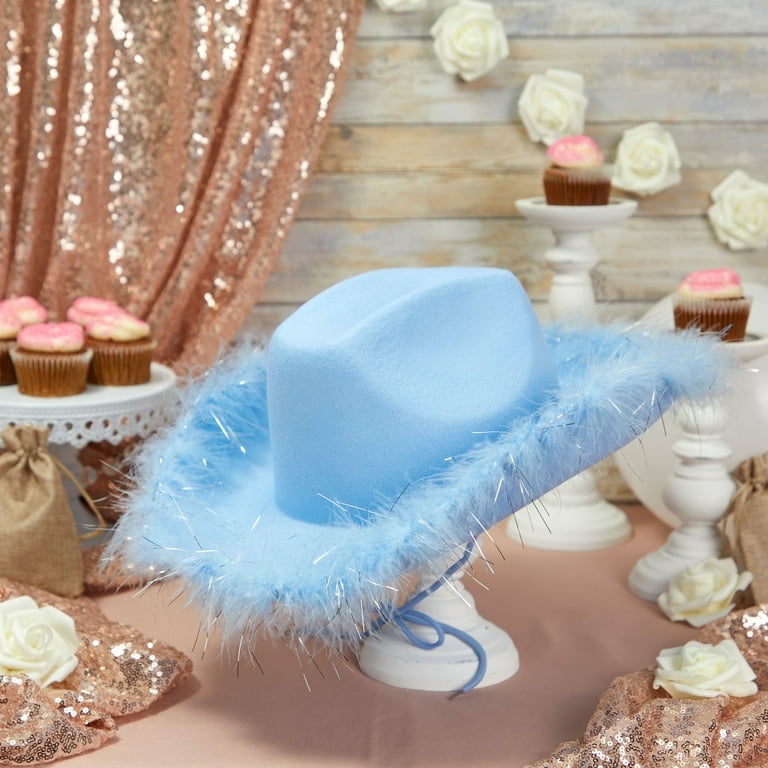 Light Blue Cowboy Hat for Men and Women with Feathers, Felt Fluffy Cowgirl Hat for Halloween Costume, Dress Up Birthday, Bachelorette, and Bachelor Party Accessories - Walmart.com