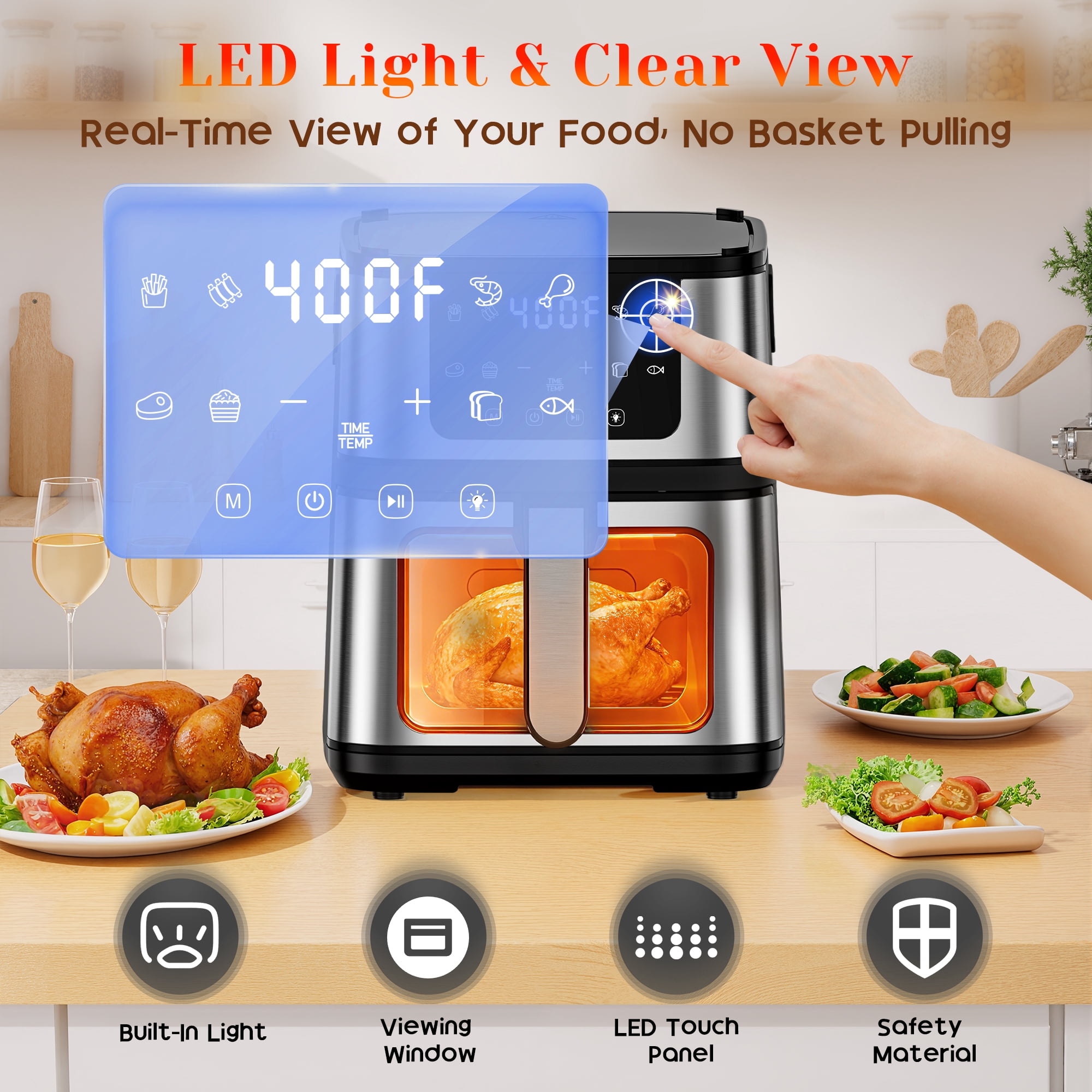7.5QT Family-Size Air Fryer Oven – 8-in-1 Digital LED Touchscreen, 360° Rapid Air Circulatio, Detachable Grill Plate, Large Viewing Window, Nonstick Basket + 100 Liners, Up to 7 Servings