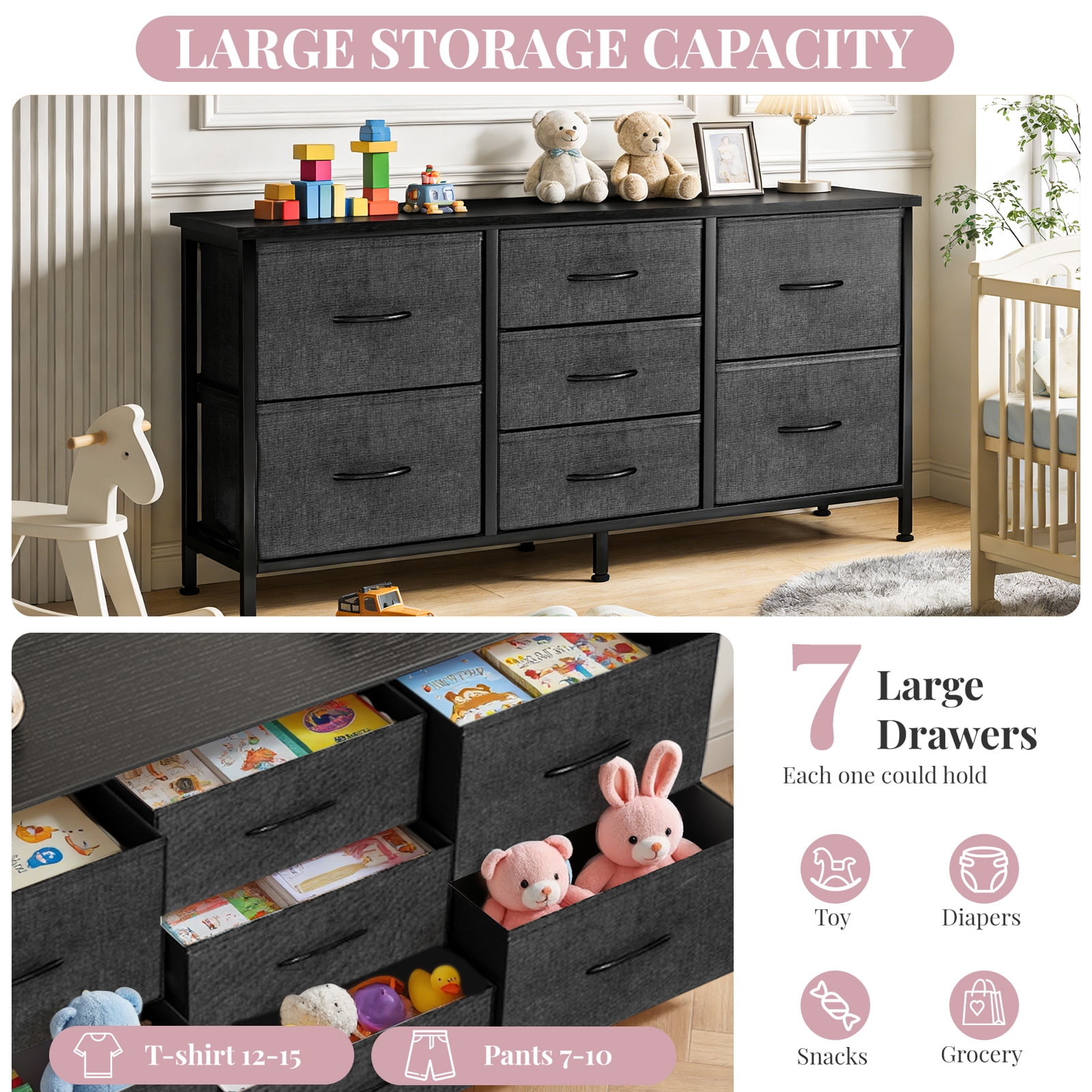 7 Drawers Dresser, Storage Dresser Organizer with Drawers, Chest of Drawers, TV Stand Dresser with Metal Frame and Wood Tabletop for Bedroom, Guest Room, Closet, Entryway, Nursery, Gray