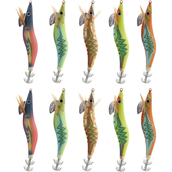Saltwater Squid Jigs Hooks, 10pcs Squid Lures Fishing Saltwater Glow in The Dark Squid Baits Luminous Shrimp Prawn Lures
