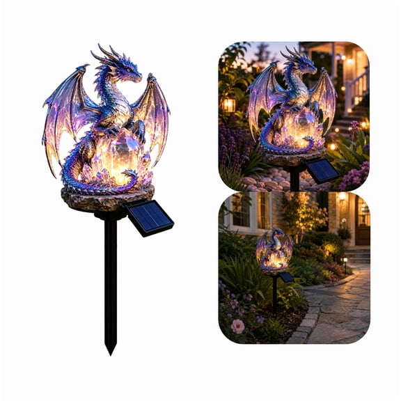Resin Dragon Solar Pathway Light, Crystal Glowing Garden Stake Decor, Weather Resistant Outdoor Lighting for Yard Lawn and Flower Bed