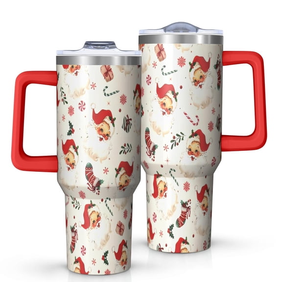 Beige Christmas Santa Pattern Tumbler with Handle and Lid,40oz Double Wall Vacuum Insulated Tumbler,Cups Gift for Women and Men