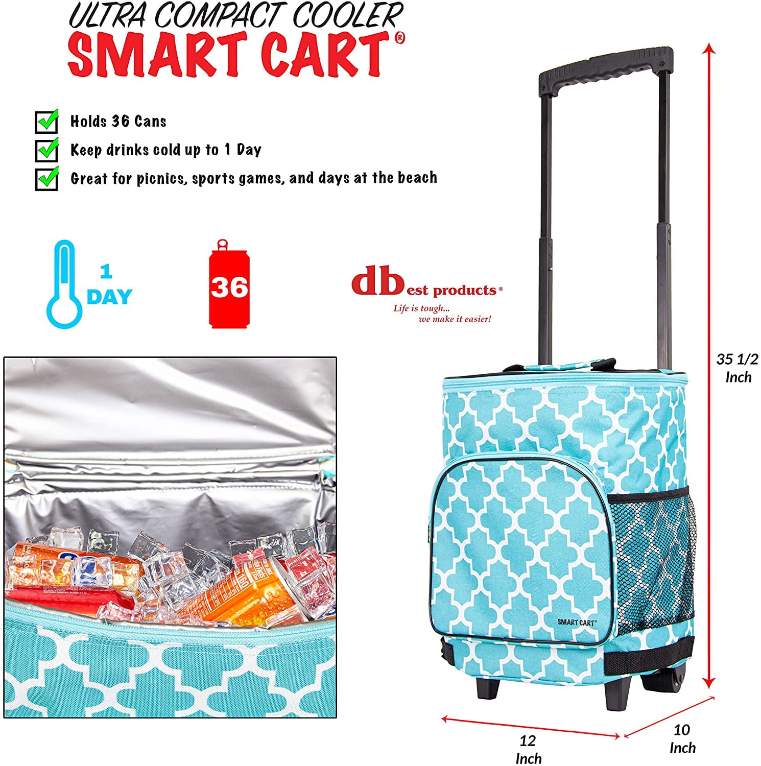 dbest products Ultra Compact Cooler Smart Cart, Black Insulated Collapsible Rolling Tailgate BBQ Beach Summer