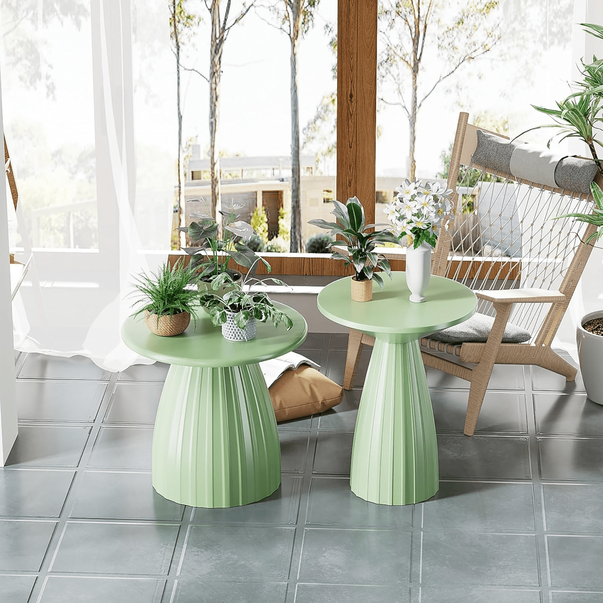 Outdoor Side Tables Set of 2, Small Round End Table, Weather Resistant Metal Steel Side Table for Patio Yard Balcony Garden Bedside, No Assembly, Green
