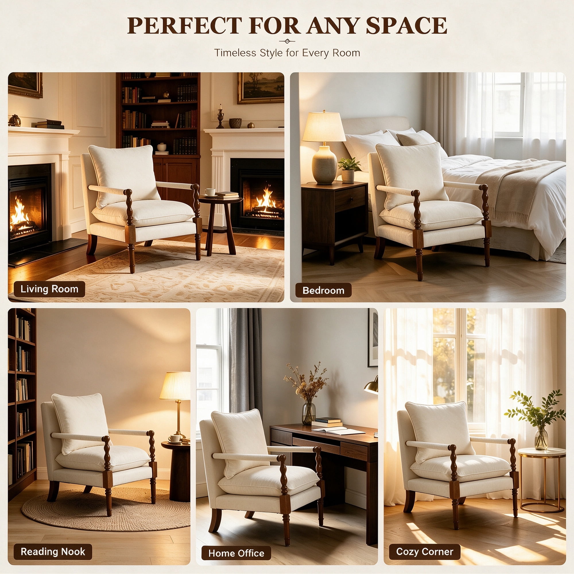 Mid-Century Modern Spindle Armchair,Linen Accent Chair with Cushion & Wood Frame for Living Room Bedroom Office,Beige
