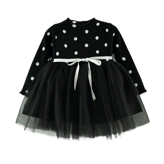Girls' Dresses Kids Long Sleeve Dot Prints Lace Princess Dress Party Pageant Tulle Mesh Vintage Dress Baby Girl Dress Black 18 Months-24 Months