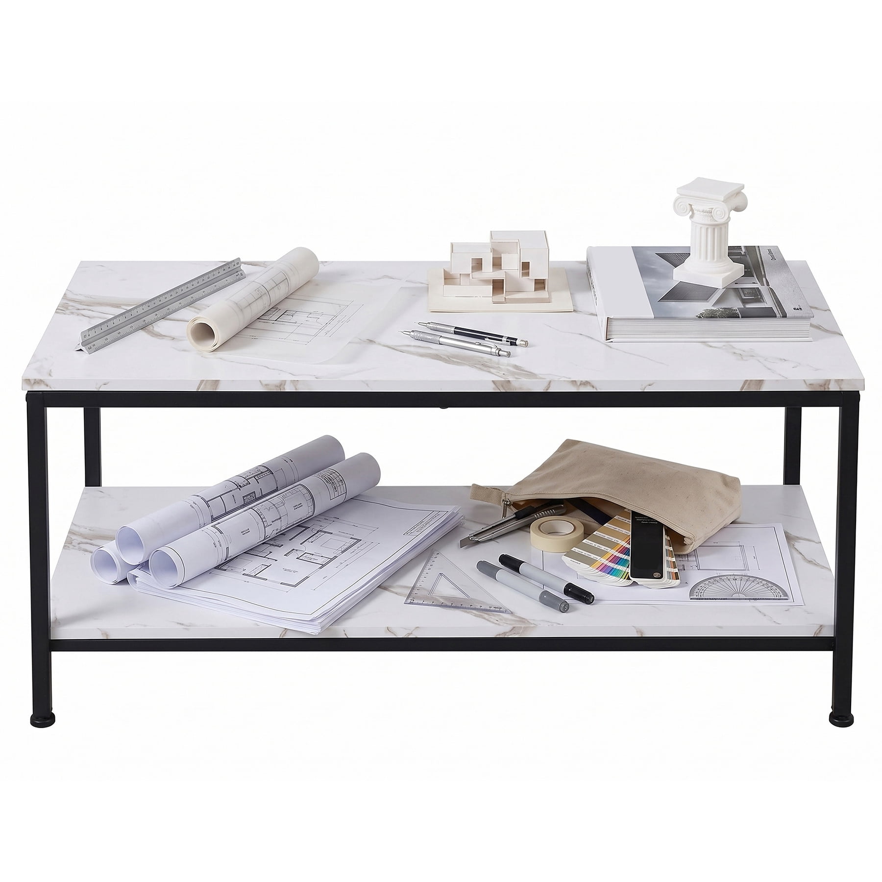 HomGarden 39.4" Modern Rectangle 2-Tier Coffee Table Wood Cocktail Table Home Office, Marble White