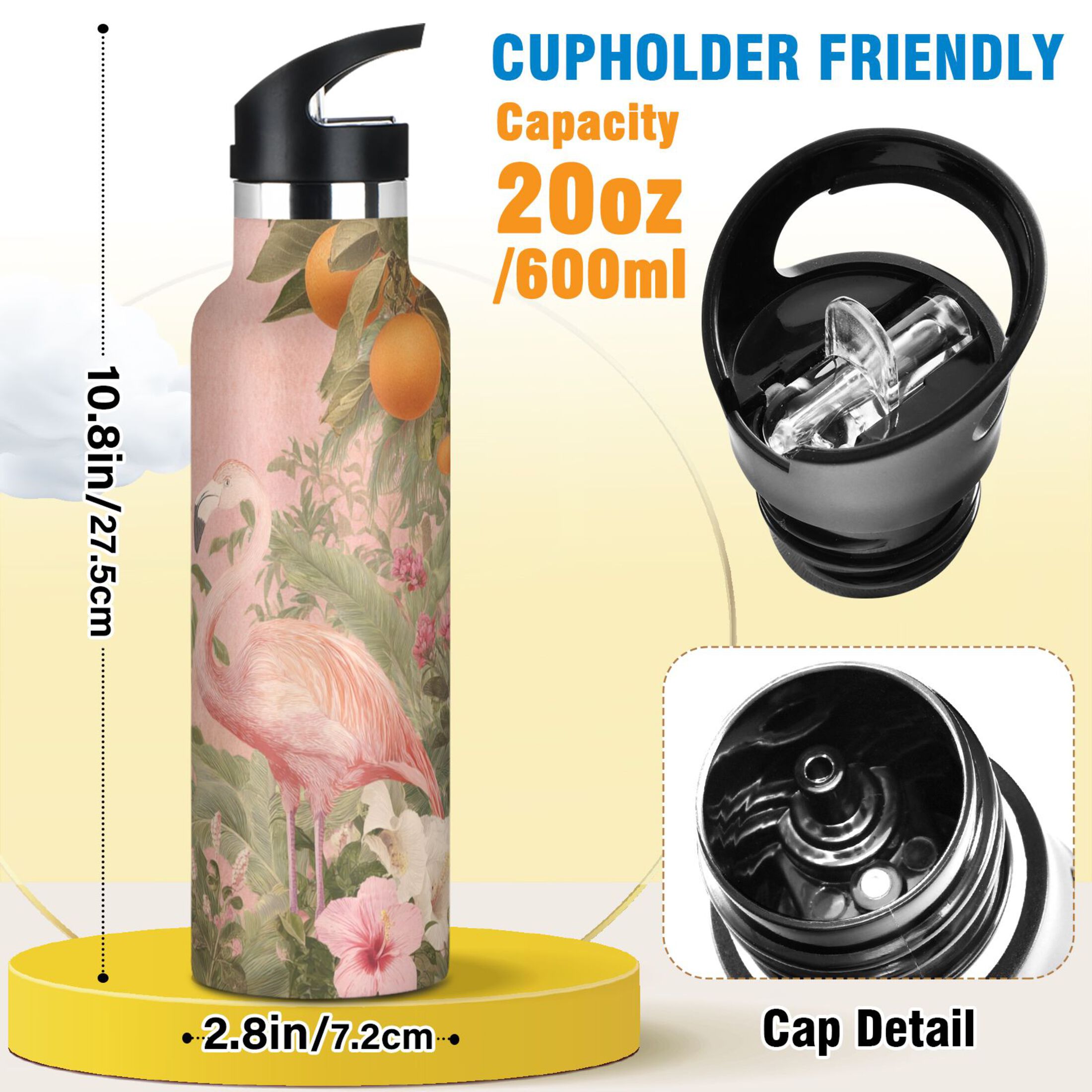 Kids Insulated Stainless Steel Sports Water Bottle 600ml (20oz) Flamingos in Tropical Garden