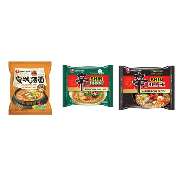 3 Pack Korean NongShim Gourmet Spicy Shin Instant Ramen Noodle, 3 Flavors(Ansung,shin Green,shin black) Plus NineChef Brand Long Handle Coffee Spoon