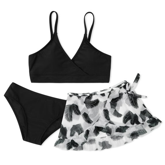 GYRATEDREAM Girl's 3 Piece Swimsuits with Chest Pads Bathing Suit with Cover Up Beach Skirt Teen Girls Swimsuits Sun Protection Swimsuit Set for Girl, Size 8-9 Years