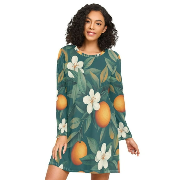 FORMRS Womens Long Sleeve Nightgowns Crew Neck Sleep Shirt Soft Pajamas Sizes S-3XL, Floral Orange Pattern