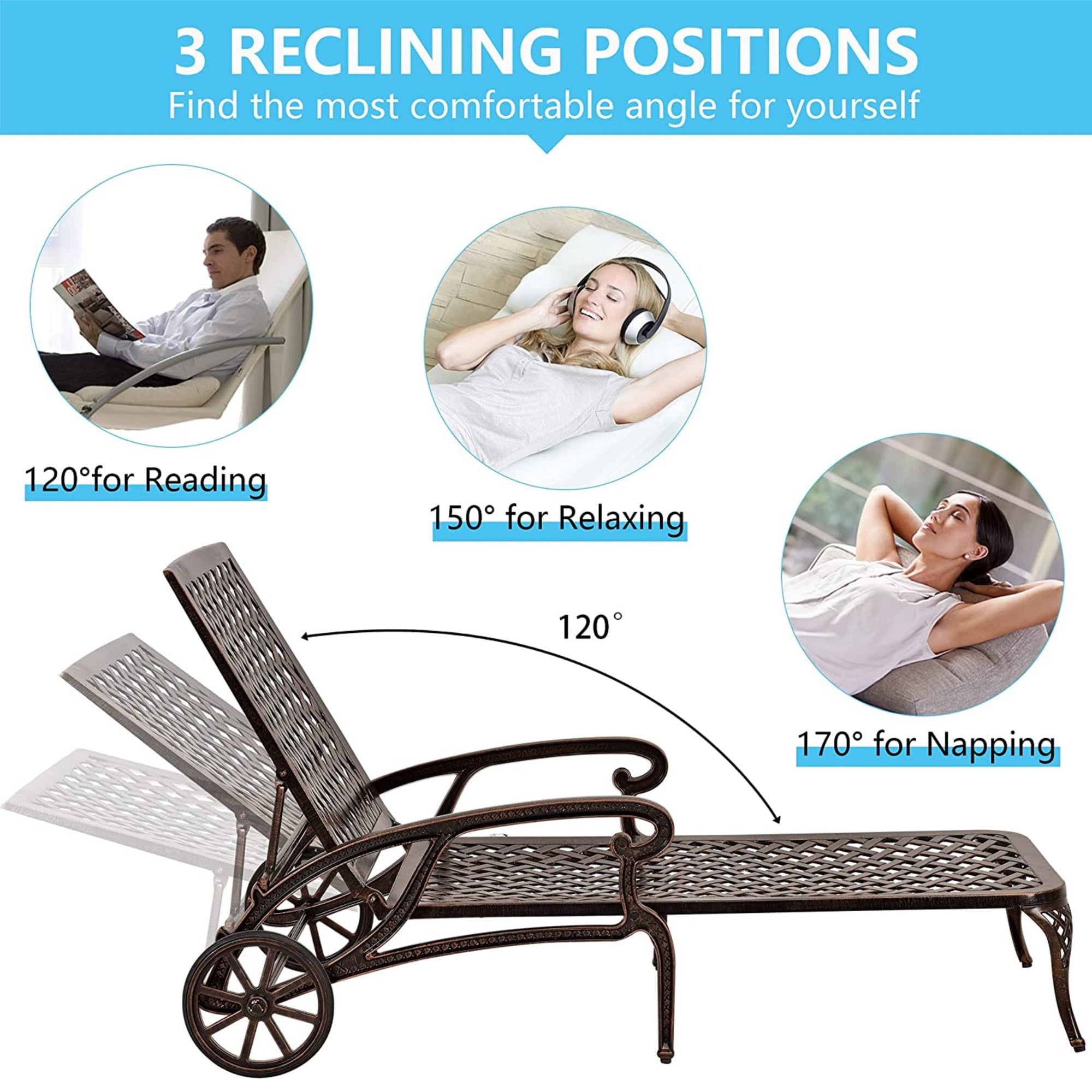 Sailvan Cast Aluminum Patio Lounge Chair,Adjustable Reclining Chaise with Wheels and Cross Weave Design Brown