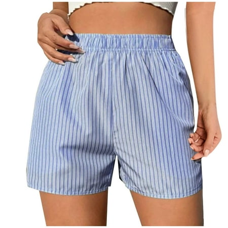 Generic Women s Striped Print Shorts Elastic Waist Mini Shorts Summer Lounge Shorts Trendy Pleated Boxer Shorts