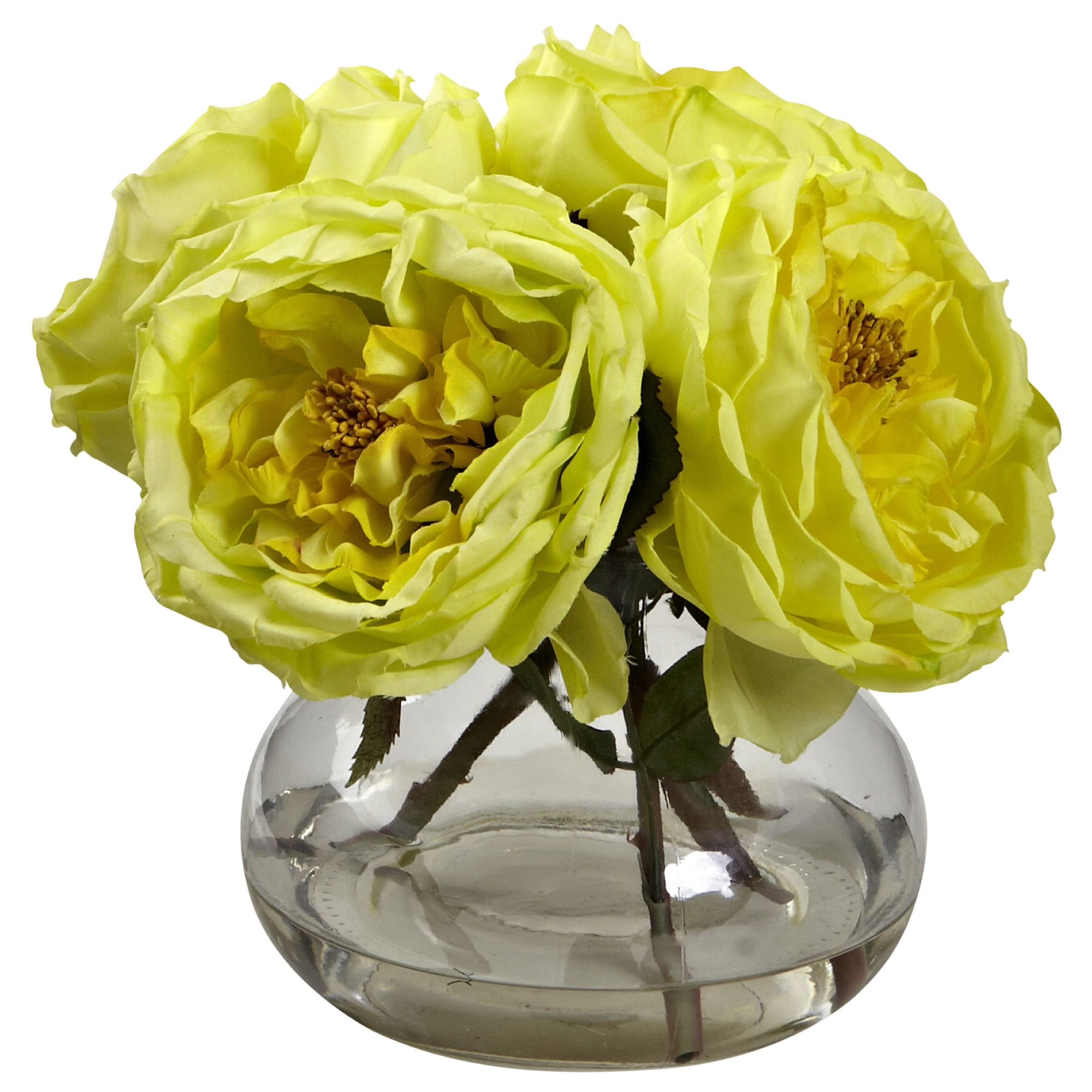 Nearly Natural Artificial Fancy Rose Silk Flowers with Vase, Yellow