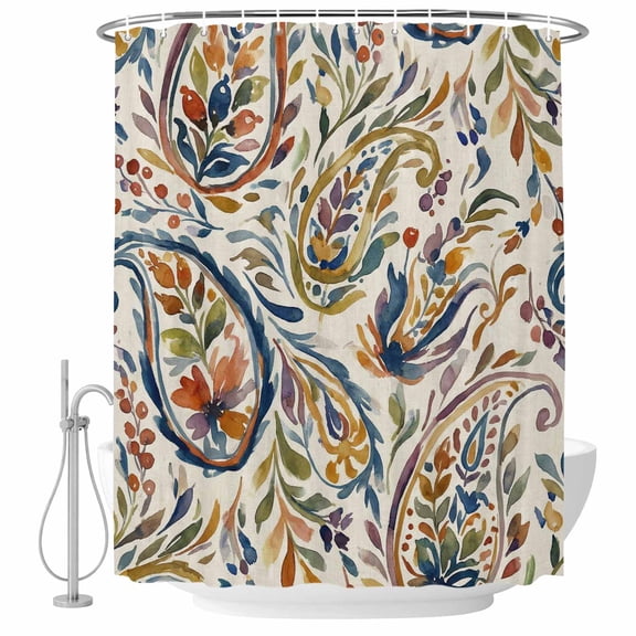 Blue Green Flower Bathroom Shower Curtains with Hooks, Watercolor Abstract Paisley Bohemia Texture Waterproof Fabric Washable Shower Curtain for Home Hotel Bathtub Decor 36x72 Inch