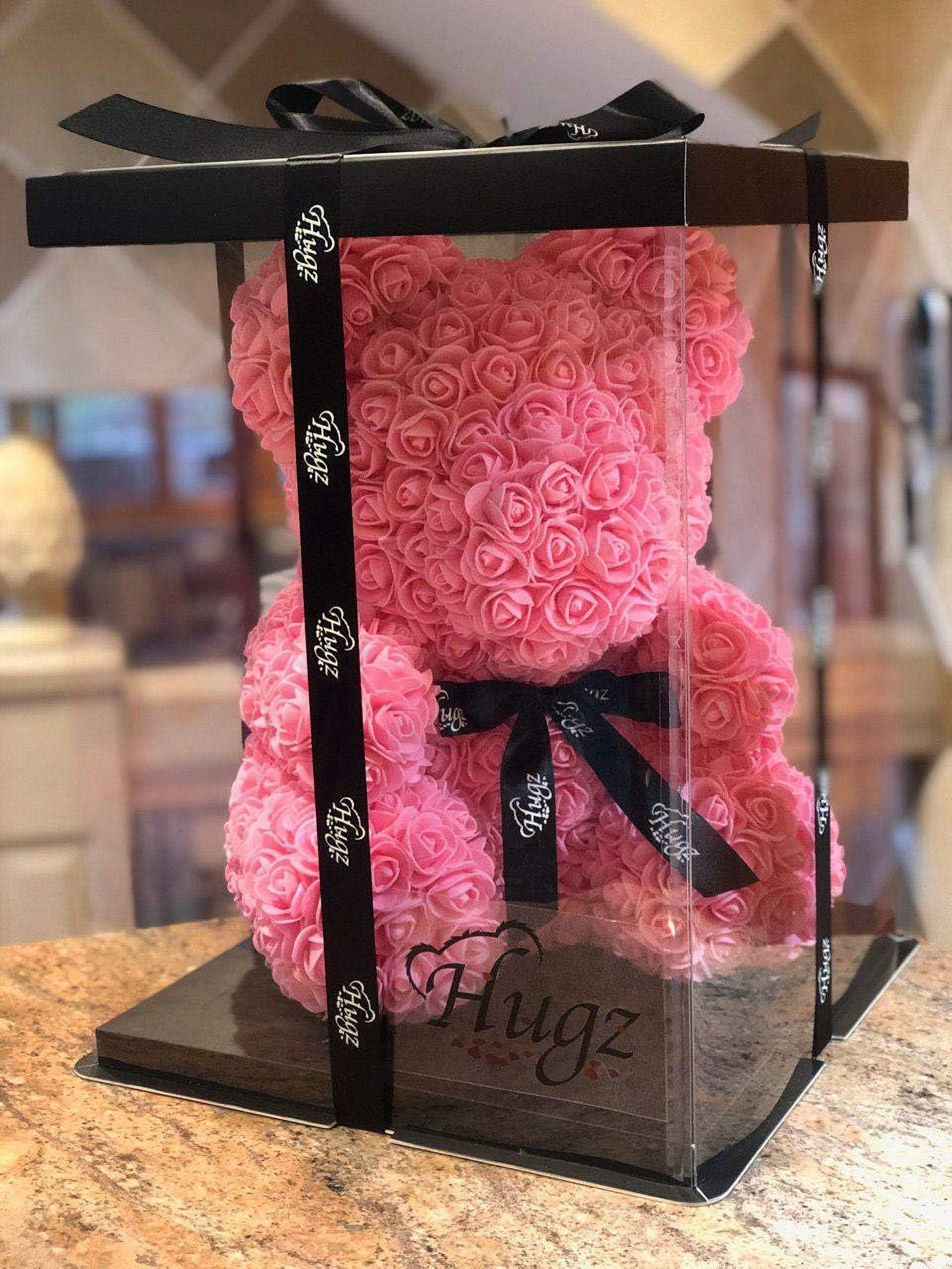 Rose Flower Bear - The 16 inch Hugz Teddy Bear with Over 20 Dozen Artificial Flowers - Best Gift for Valentines Day, Anniversary, Birthdays, Co-Workers & Bridal Showers (Pink) - w/Clear Gift Box
