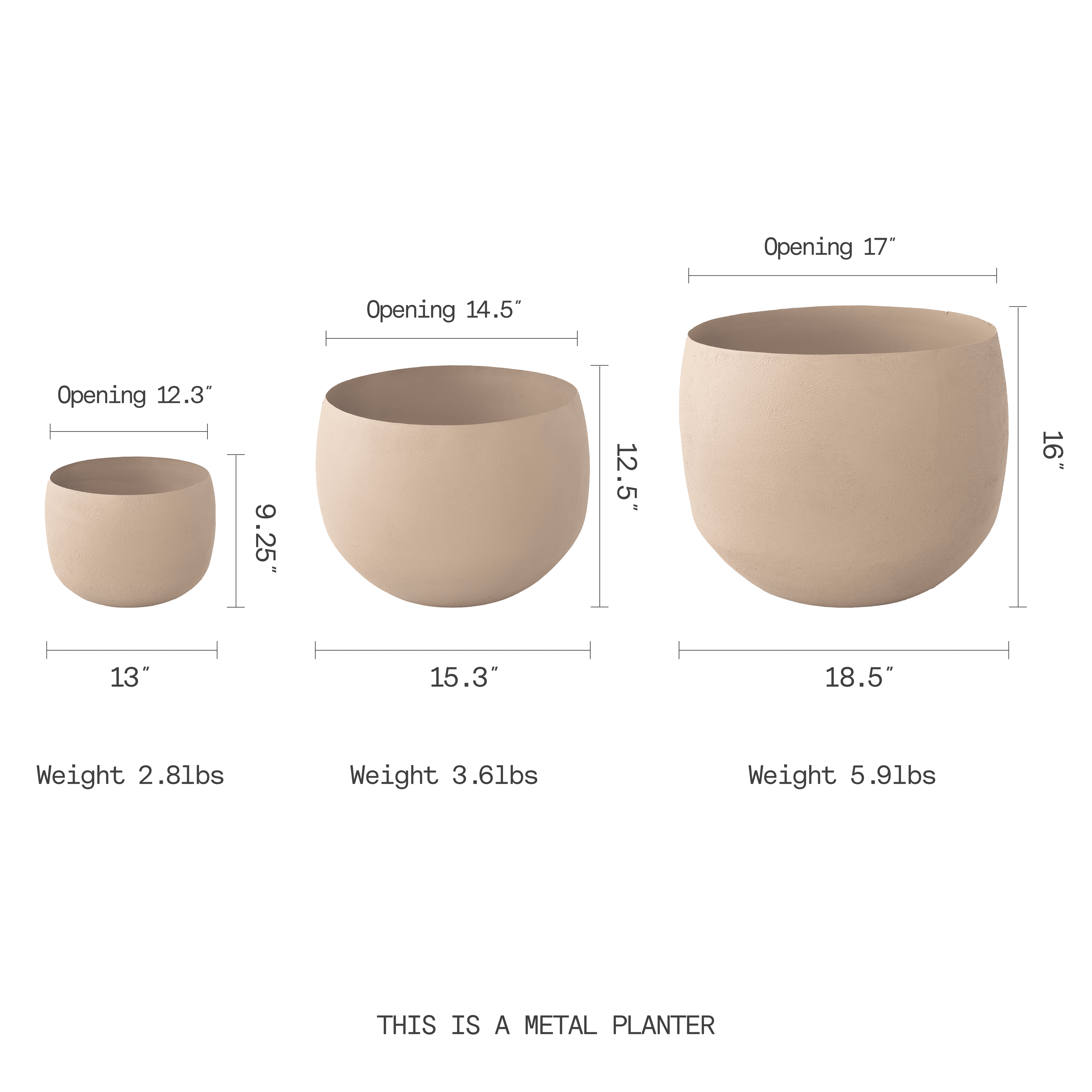 Fab Habitat Eden Handmade Round Metal Planters in Stone Finish – Set of 3 (13”, 15”, 18”) with Drainage Holes