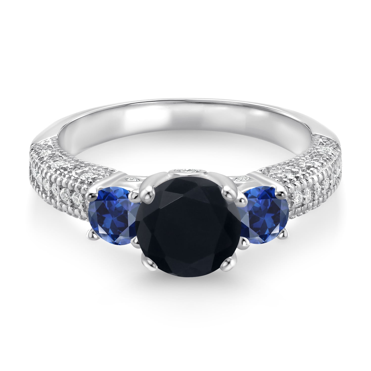 Gem Stone King 925 Sterling Silver Black Onyx Blue Created Sapphire and White Moissanite Engagement Ring for Women (1.86 Cttw, Gemstone December Birthstone, Round 7MM and 4MM, Size 8)