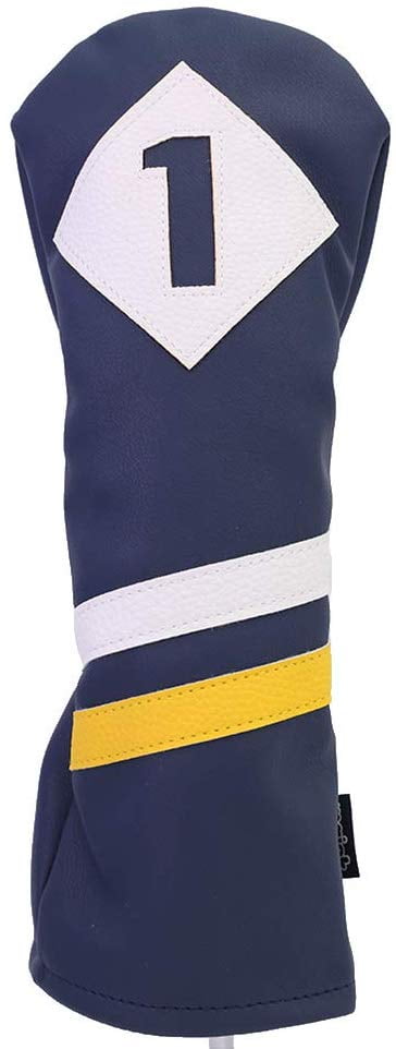 Majek Retro Golf Headcover Blue White and Yellow Vintage Leather Style 1 Driver Head Cover Fits 460cc Drivers Classic Look